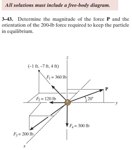 All solutions must include a free-body diagram.
3-43. Determine the magnitude of the force P and the
orientation of the 200-lb force required to keep the particle
in equilibrium.
(-1 ft, -7 ft, 4 ft)
F3= 200 lb
X
F₁=360 lb
F₂= 120 lb
20°
F₁ = 300 lb