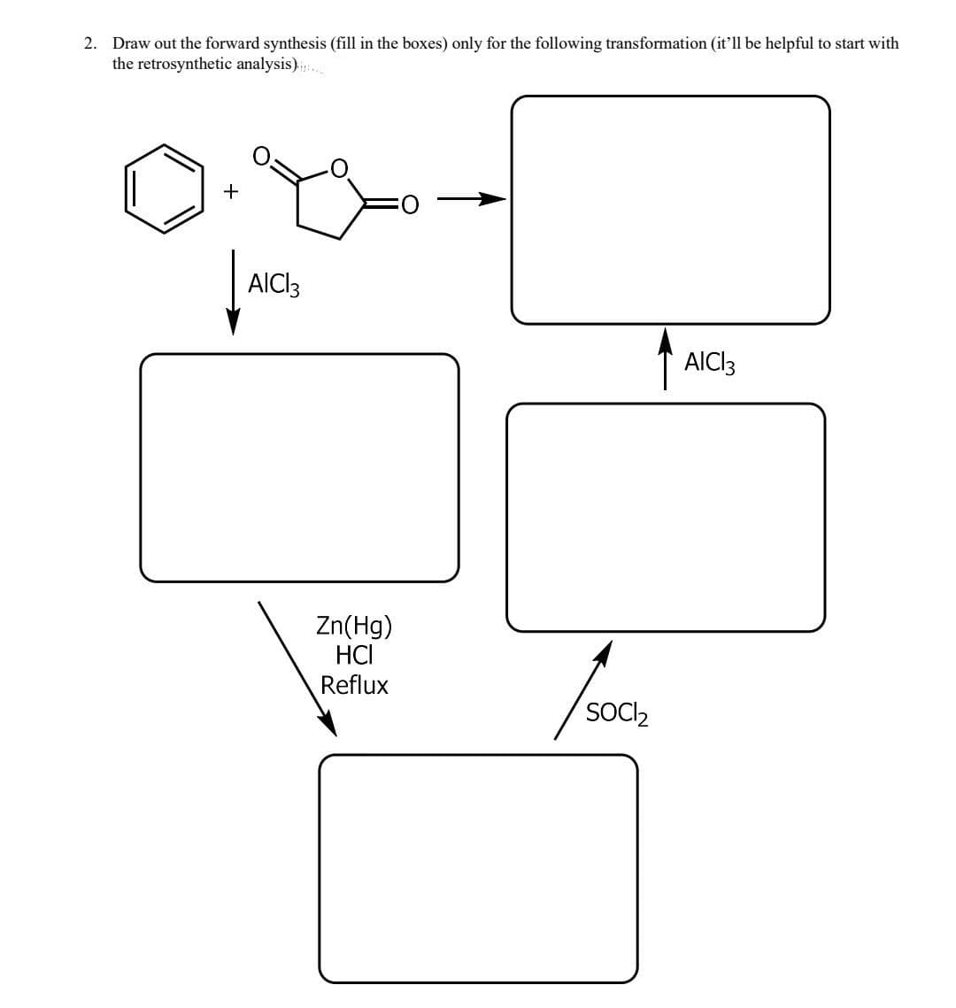 2. Draw out the forward synthesis (fill in the boxes) only for the following transformation (it'll be helpful to start with
the retrosynthetic analysis).
+
AICI3
AICI3
Zn(Hg)
HCI
Reflux
SOCI₂