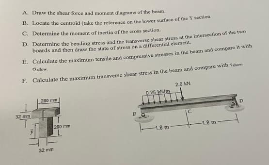 A. Draw the shear force and moment diagrams of the beam.
B. Locate the centroid (take the reference on the lower surface of the T section
C. Determine the moment of inertia of the cross section.
D. Determine the bending stress and the transverse shear stress at the intersection of the two
boards and then draw the state of stress on a differential element.
E. Calculate the maximum tensile and compressive stresses in the beam and compare it with
Gallow.
F. Calculate the maximum transverse shear stress in the beam and compare with Tallow.
32 mm
280 mm
32 mm
280 mm
B
0.25 kN/m
1.8 m-
2.0 KN
C
-1.8 m
D