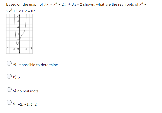 Based on the graph of f(x) = x4 - 2x³ + 3x + 2 shown, what are the real roots of 4 -
2x3 + 3x + 2 = 0?
YA
8
6
4
2
-20 2 x
a) impossible to determine
O b) 2
Oc) no real roots
d) -2,-1, 1, 2