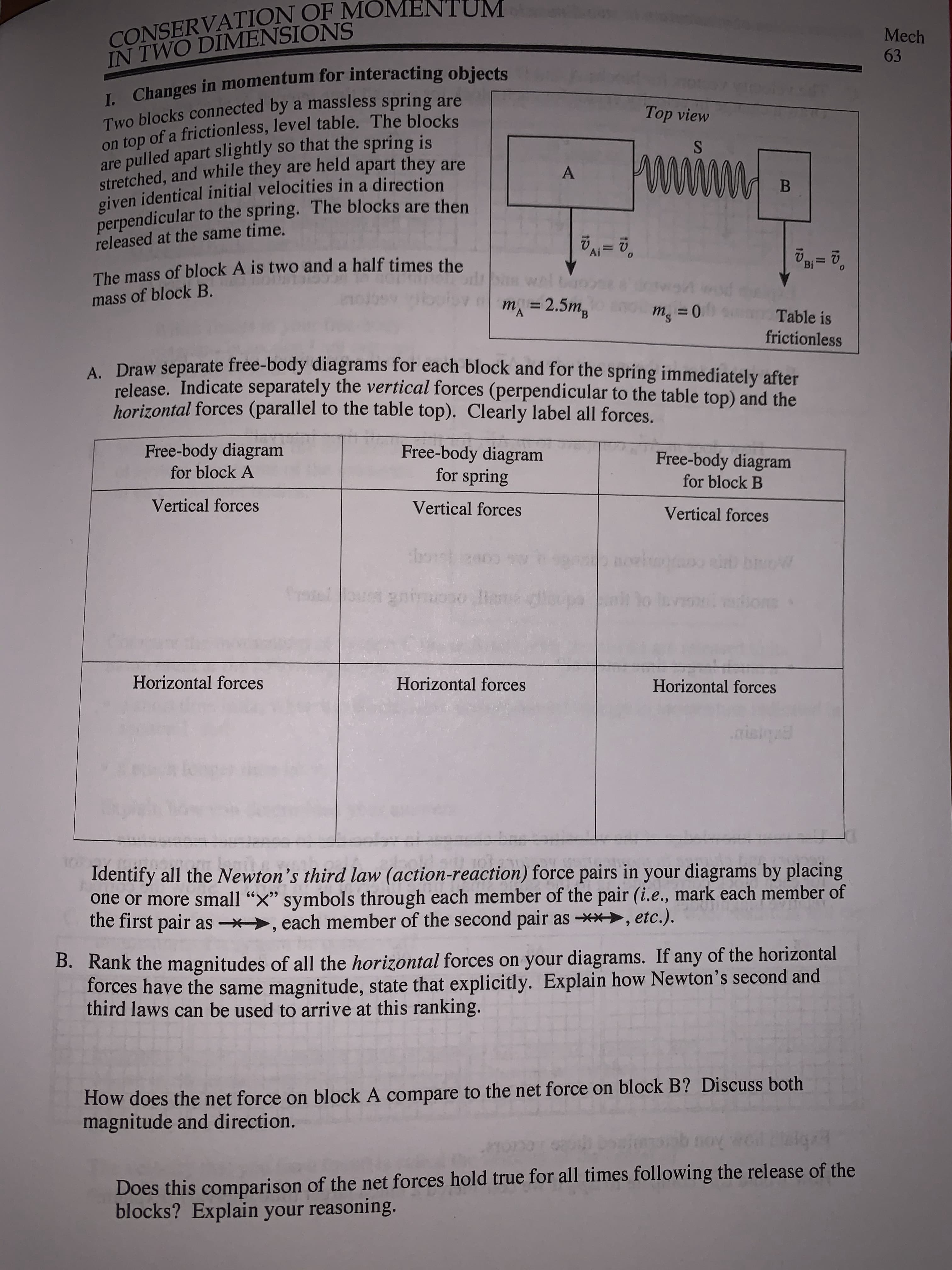 ### Conservation of Momentum in Two Dimensions

#### I. Changes in momentum for interacting objects
Two blocks connected by a massless spring are on top of a frictionless, level table. The blocks are pulled apart slightly so that the spring is stretched, and while they are held apart they are given identical initial velocities in a direction perpendicular to the spring. The blocks are then released at the same time.

- The mass of block A is two and a half times the mass of block B.
- \( m_A = 2.5m_B \)
- The table is frictionless.

![Diagram of the blocks and spring](Top view of blocks A and B connected by spring S, masses of each, and indicating initial velocities.)

#### A. Draw separate free-body diagrams for each block and for the spring immediately after release. Indicate separately the vertical forces (perpendicular to the table top) and the horizontal forces (parallel to the table top). Clearly label all forces.

**Free-body diagram for block A:**
- **Vertical forces:**
- **Horizontal forces:**

**Free-body diagram for spring:**
- **Vertical forces:**
- **Horizontal forces:**

**Free-body diagram for block B:**
- **Vertical forces:**
- **Horizontal forces:**

#### Identify all the Newton’s third law (action-reaction) force pairs in your diagrams by placing one or more small "×" symbols through each member of the pair (i.e., mark each member of the first pair as ⟶×⟵, each member of the second pair as ⟶×⟵, etc.).

#### B. Rank the magnitudes of all the horizontal forces on your diagrams. If any of the horizontal forces have the same magnitude, state that explicitly. Explain how Newton’s second and third laws can be used to arrive at this ranking.

#### How does the net force on block A compare to the net force on block B? Discuss both magnitude and direction.

#### Does this comparison of the net forces hold true for all times following the release of the blocks? Explain your reasoning.