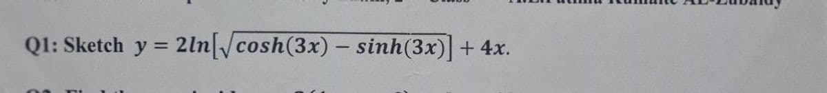 Q1: Sketch y = 2ln[√cosh (3x) - sinh(3x)] + 4x.