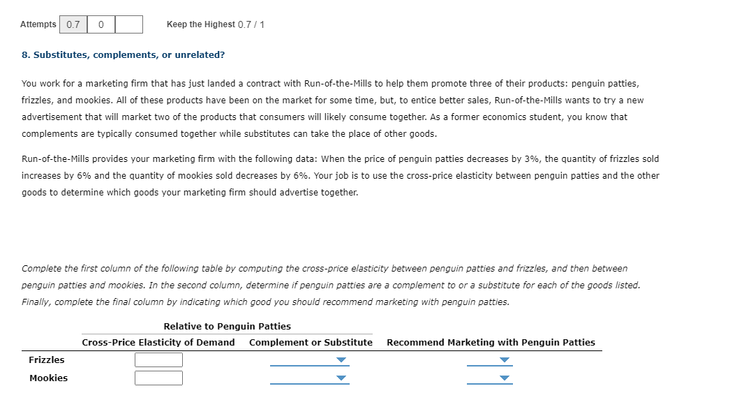 Attempts
0.7
Keep the Highest 0.7/ 1
8. Substitutes, complements, or unrelated?
You work for a marketing firm that has just landed a contract with Run-of-the-Mills to help them promote three of their products: penguin patties,
frizzles, and mookies. All of these products have been on the market for some time, but, to entice better sales, Run-of-the-Mills wants to try a new
advertisement that will market two of the products that consumers will likely consume together. As a former economics student, you know that
complements are typically consumed together while substitutes can take the place of other goods.
Run-of-the-Mills provides your marketing firm with the following data: When the price of penguin patties decreases by 3%, the quantity of frizzles sold
increases by 6% and the quantity of mookies sold decreases by 6%. Your job is to use the cross-price elasticity between penguin patties and the other
goods to determine which goods your marketing firm should advertise together.
Complete the first column of the following table by computing the cross-price elasticity between penguin patties and frizzles, and then between
penguin patties and mookies. In the second column, determine if penguin patties are a complement to or a substitute for each of the goods listed.
Finally, complete the final column by indicating which good you should recommend marketing with penguin patties.
Relative to Penguin Patties
Cross-Price Elasticity of Demand
Complement or Substitute
Recommend Marketing with Penguin Patties
Frizzles
Mookies
