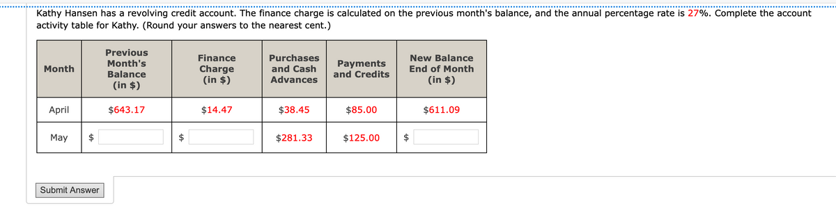 Kathy Hansen has a revolving credit account. The finance charge is calculated on the previous month's balance, and the annual percentage rate is 27%. Complete the account
activity table for Kathy. (Round your answers to the nearest cent.)
Previous
Finance
Purchases
New Balance
Month's
Payments
and Credits
Month
End of Month
Charge
(in $)
and Cash
Balance
Advances
(in $)
(in $)
April
$643.17
$14.47
$38.45
$85.00
$611.09
May
$281.33
$125.00
Submit Answer
%24
