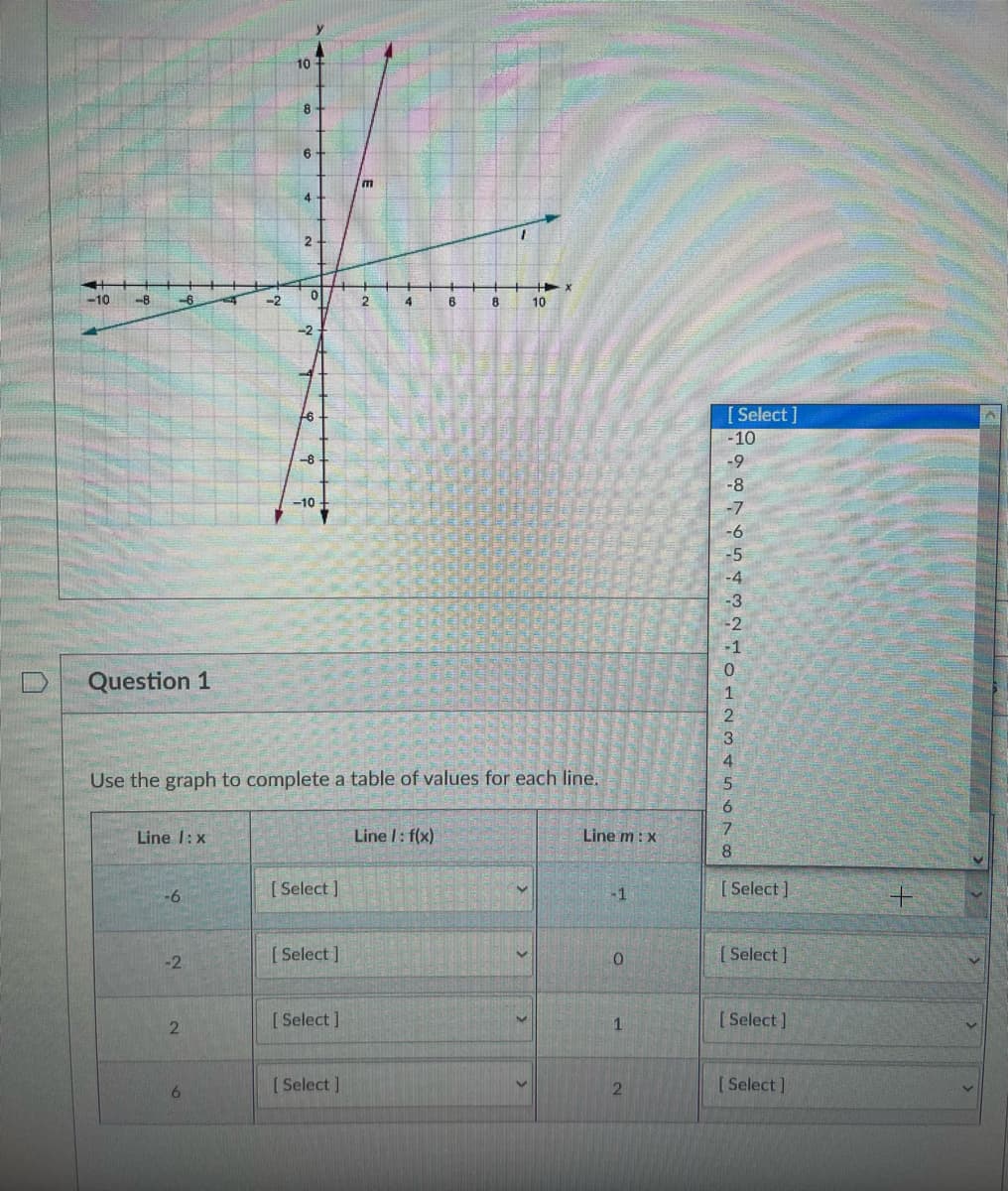 -10 -8
-6
Question 1
Line I: x
-6
-2
2
-2
6
10
8
6
4
2
0
-2
y
16
-8
-10
Use the graph to complete a table of values for each line.
[Select]
[Select]
[Select]
m
[Select]
2
4
6
Line /: f(x)
8
10
Line m: x
-1
0
1
2
[Select]
-10
-9
987654321
-8
-7
-6
-5
-4
-3
-1
0
1
2
3
OU A CO
4
5
6
7
8
[Select]
[Select]
[Select]
[Select]
+