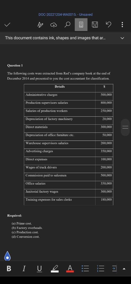 DOC-20221204-WA0015. - Unsaved
Required:
G
This document contains ink, shapes and images that ar...
Question 1
The following costs were extracted from Red's company book at the end of
December 2014 and presented to you the cost accountant for classification.
Details
Administrative charges
Production supervisors salaries
Salaries of production workers
Depreciation of factory machinery
Direct materials
Depreciation of office furniture etc.
Warehouse supervisors salaries
Advertising charges
Direct expenses
Wages of truck drivers
Commission paid to salesmen
Office salaries
mi
Janitorial factory wages
Training expenses for sales clerks
(a) Prime cost.
(b) Factory overheads.
(c) Production cost.
(d) Conversion cost.
60
5
$
500,000
800,000
250,000
20.000
300,000
50,000
200,000
350,000
100,000
200,000
500,000
350.000
300,000
180,000
B IU 2 Α Ξ Ξ Ξ
13