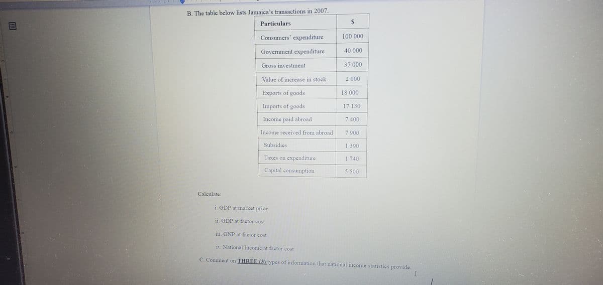 B. The table below lists Jamaica's transactions in 2007.
Particulars
$
Consumers' expenditure
100 000
Government expenditure
40 000
Gross investment
37 000
Value of increase in stock
2 000
Exports of goods
18 000
Imports of goods
17 130
Income paid abroad
7 400
Income received from abroad
7 900
Subsidies
1 390
Taxes on expenditure
1 740
Capital consumption
5 500
Calculate:
i. GDP at market price
i1. GDP at factor cost
iii. GNP at factor cost
iv. National Income at factor cost
C. Comment on THREE (3) types of information that national income statistics provide.
