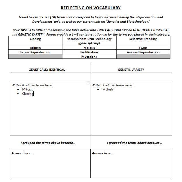 REFLECTING ON VOCABULARY
Found below are ten (10) terms that correspond to topics discussed during the Reproduction and
Development' unit, as well as our current unit on 'Genetics and Biotechnology.
Your TASK is to GROUP the terms in the table below into TWO CATEGORIES titled GENETICALLY IDENTICAL
and GENETIC VARIETY. Please provide a 1–2 sentence rationale for the terms you placed in each category.
Recombinant DNA Technology
(gene splicing)
Cloning
Selective Breeding
Mitosis
Meiosis
Twins
Sexual Reproduction
Asexual Reproduction
Fertilization
Mutations
GENETICALLY IDENTICAL
GENETIC VARIETY
Write all related terms here.
Write all related terms here.
Mitosis
• Cloning
• Meiosis
I grouped the terms above because..
I grouped the terms above because.
Answer here.
Answer here.
