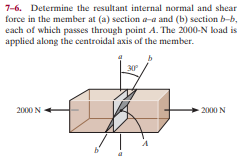 7-6. Determine the resultant internal normal and shear
force in the member at (a) section a-a and (b) section b-b,
each of which passes through point A. The 2000-N load is
applied along the centroidal axis of the member.
30
2000 N
2000 N
