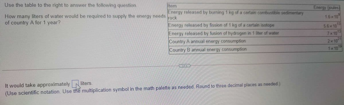 Use the table to the right to answer the following question.
Item
Energy released by burning 1 kg of a certain combustible sedimentary
Energy (joules)
How many liters of water would be required to supply the energy needs rock
of country A for 1 year?
16x10
Energy released by fission of 1 kg of a certain isotope
56x10
13
Energy released by fusion of hydrogen in 1 liter of water
7x1013
2x10
19
Country A annual energy consumption
Country B annual energy consumption
1x10
It would take approximately N liters.
(Use scientific notation. Use the multiplication symbol in the math palette as needed. Round to three decimal places as needed.)
