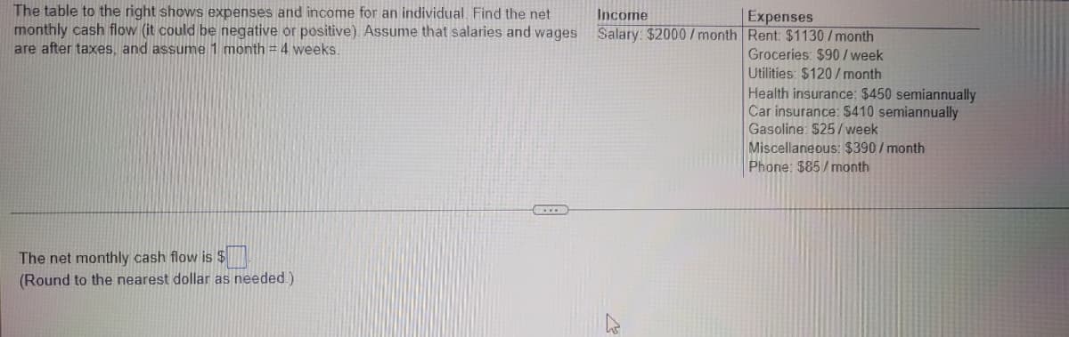 The table to the right shows expenses and income for an individual. Find the net
monthly cash flow (it could be negative or positive). Assume that salaries and wages
are after taxes, and assume 1 month = 4 weeks.
Income
Expenses
Salary: $2000 / month Rent: $1130/month
Groceries: $90 /week
Utilities: $120 /month
Health insurance: $450 semiannually
Car insurance: $410 semiannually
Gasoline: $25/week
Miscellaneous: $390/ month
Phone: $85/month
The net monthly cash flow is $
(Round to the nearest dollar as needed.)
