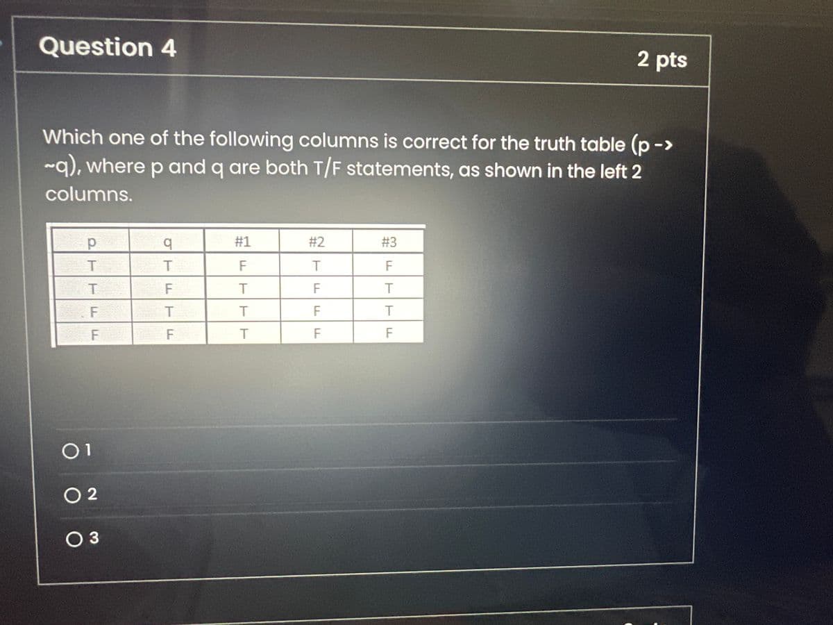Question 4
2 pts
Which one of the following columns is correct for the truth table (p->
~q), where p and q are both T/F statements, as shown in the left 2
columns.
P
TTF
F
01
02
03
F
FTT
JTFT
LL
#1
#2
#3
T
F
F
T
F
T
T
F
F