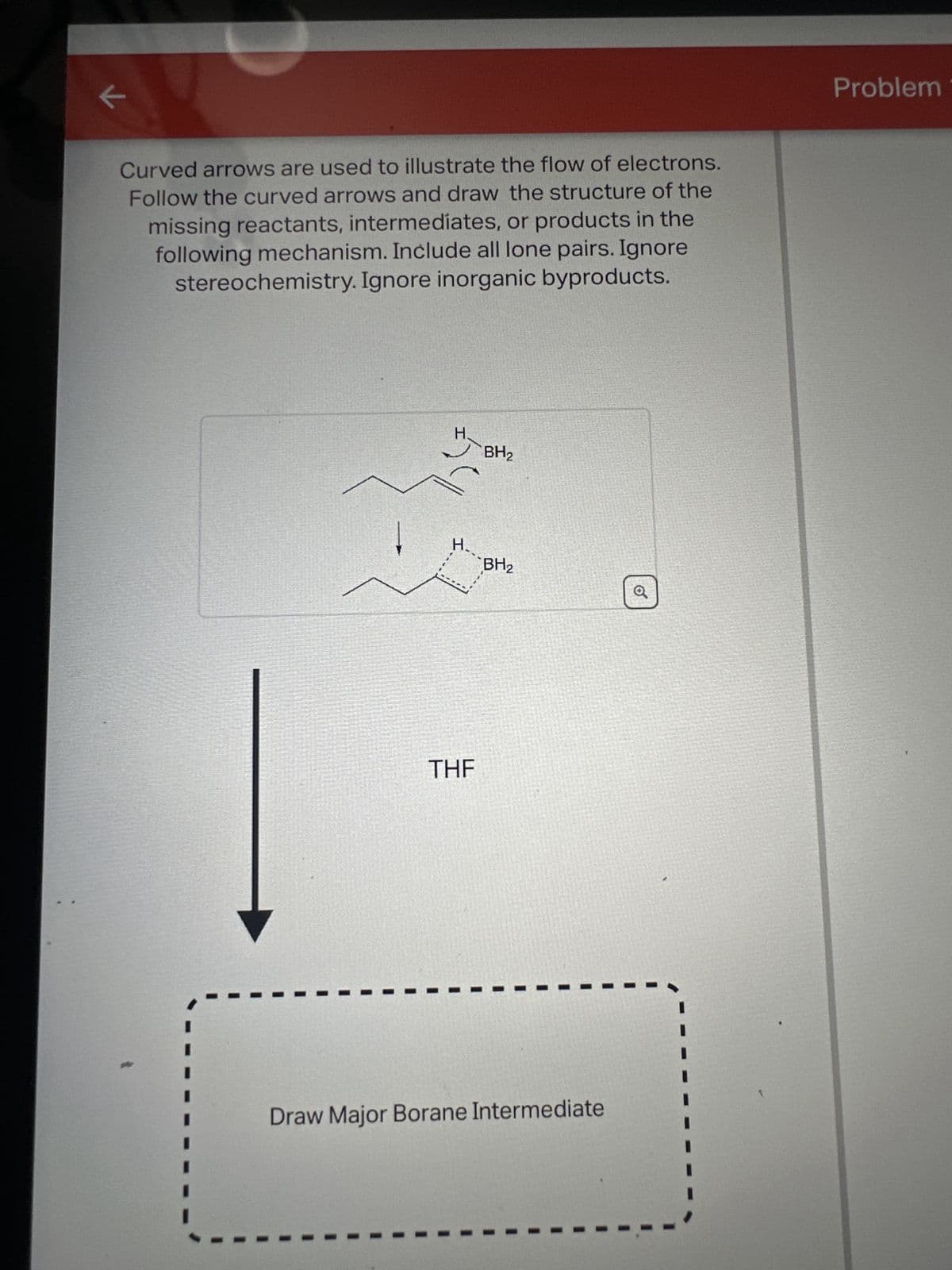 K
Curved arrows are used to illustrate the flow of electrons.
Follow the curved arrows and draw the structure of the
missing reactants, intermediates, or products in the
following mechanism. Include all lone pairs. Ignore
stereochemistry. Ignore inorganic byproducts.
H.
H.
THE
BH₂
BH₂
Draw Major Borane Intermediate
Problem