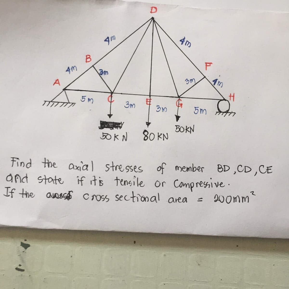 F
3m
4m
A
5m
3m
5m
50KN
80 KN
50K N
Find the axial stresses of member BD ,CD,CE
if itis tensile or Compressive.
200mm?
and state
If the avosss cross sectional area
