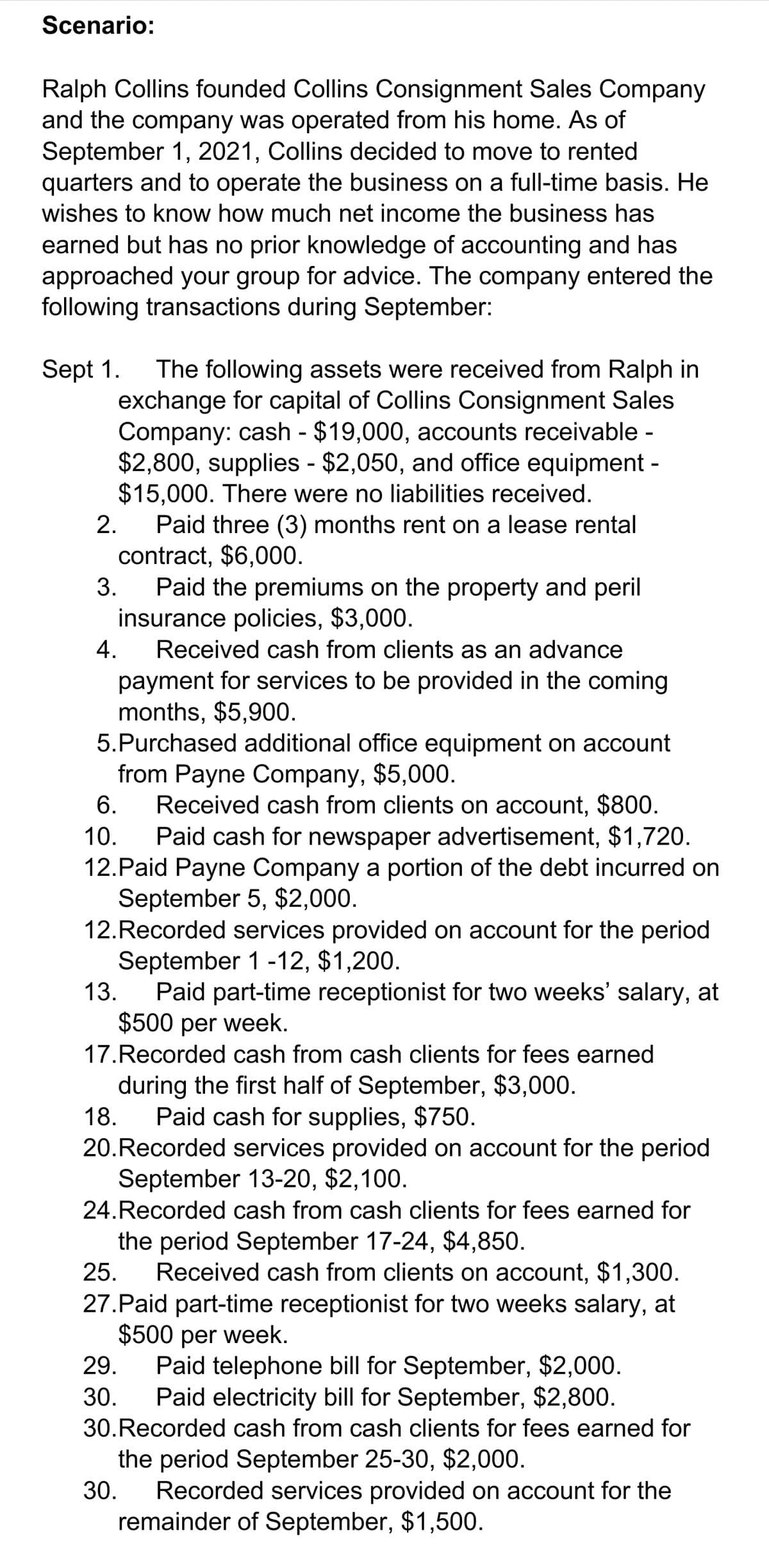 Scenario:
Ralph Collins founded Collins Consignment Sales Company
and the company was operated from his home. As of
September 1, 2021, Collins decided to move to rented
quarters and to operate the business on a full-time basis. He
wishes to know how much net income the business has
earned but has no prior knowledge of accounting and has
approached your group for advice. The company entered the
following transactions during September:
Sept 1. The following assets were received from Ralph in
exchange for capital of Collins Consignment Sales
Company: cash - $19,000, accounts receivable -
$2,800, supplies - $2,050, and office equipment -
$15,000. There were no liabilities received.
Paid three (3) months rent on a lease rental
contract, $6,000.
2.
3. Paid the premiums on the property and peril
insurance policies, $3,000.
Received cash from clients as an advance
4.
payment for services to be provided in the coming
months, $5,900.
5.Purchased additional office equipment on account
from Payne Company, $5,000.
Received cash from clients on account, $800.
Paid cash for newspaper advertisement, $1,720.
12.Paid Payne Company a portion of the debt incurred on
September 5, $2,000.
6.
10.
12. Recorded services provided on account for the period
September 1-12, $1,200.
13. Paid part-time receptionist for two weeks' salary, at
$500 per week.
17. Recorded cash from cash clients for fees earned
during the first half of September, $3,000.
18. Paid cash for supplies, $750.
20. Recorded services provided on account for the period
September 13-20, $2,100.
24. Recorded cash from cash clients for fees earned for
the period September 17-24, $4,850.
25.
Received cash from clients on account, $1,300.
27.Paid part-time receptionist for two weeks salary, at
$500 per week.
29. Paid telephone bill for September, $2,000.
30. Paid electricity bill for September, $2,800.
30. Recorded cash from cash clients for fees earned for
the period September 25-30, $2,000.
30.
Recorded services provided on account for the
remainder of September, $1,500.