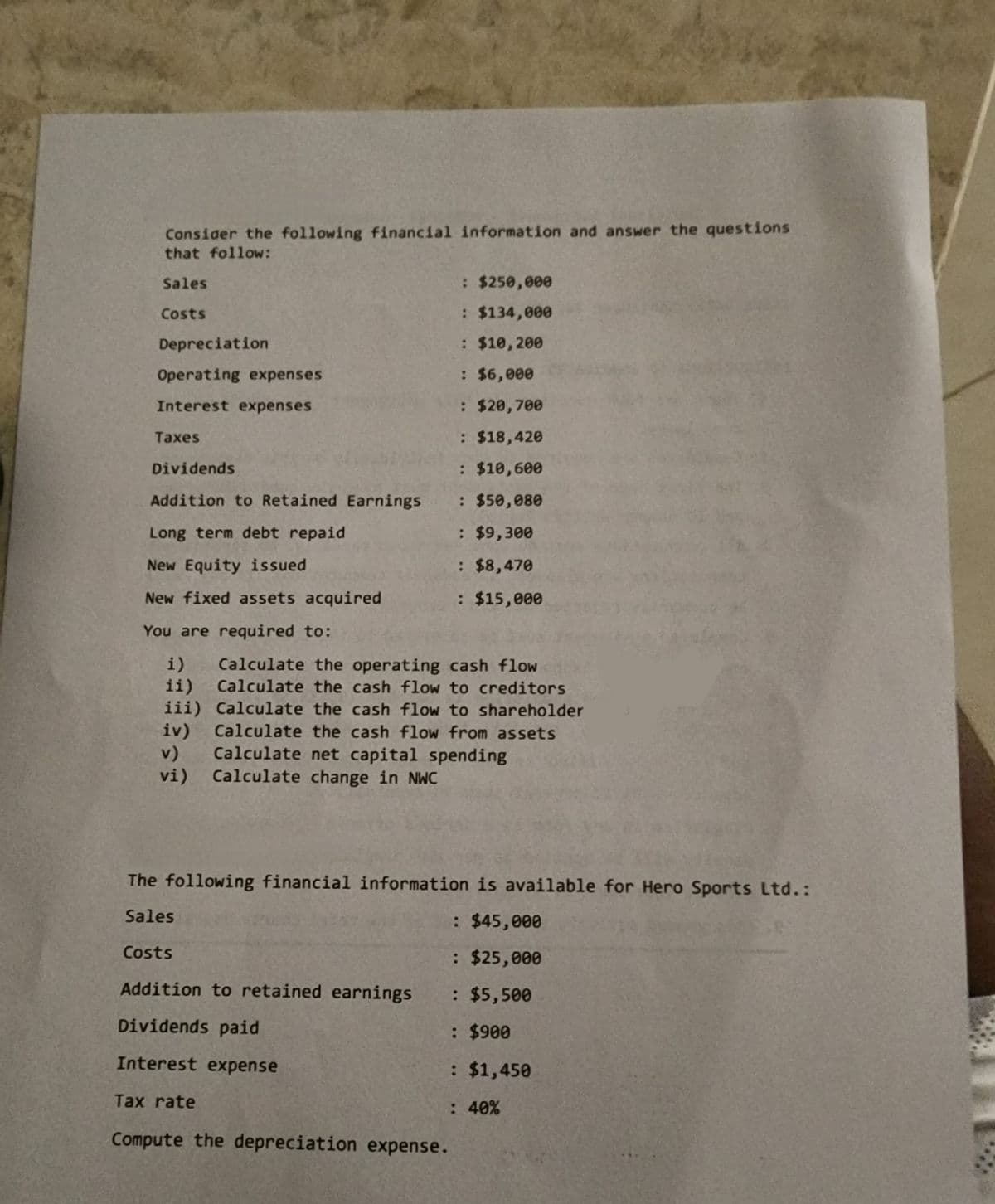 Consider the following financial information and answer the questions
that follow:
Sales
Costs
Depreciation
Operating expenses
Interest expenses
Taxes
Dividends
Addition to Retained Earnings
Long term debt repaid
New Equity issued
New fixed assets acquired
You are required to:
ii)
iii)
i) Calculate the operating cash flow
Calculate the cash flow to creditors
Calculate the cash flow to shareholder
Calculate the cash flow from assets
Calculate net capital spending
iv)
v)
vi) Calculate change in NWC
: $250,000
: $134,000
: $10,200
: $6,000
: $20,700
: $18,420
: $10,600
: $50,080
: $9,300
: $8,470
: $15,000
The following financial information is available for Hero Sports Ltd.:
Sales
Costs
Addition to retained earnings
Dividends paid
Interest expense
Tax rate
Compute the depreciation expense.
: $45,000
: $25,000
: $5,500
: $900
: $1,450
: 40%