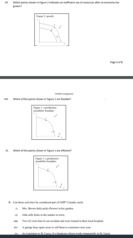 VII.
VIII.
IX
Which points shown in Figure 2 indicates an inefficient use of resources after an economy has
grown?
Figure 2: growth
Graded Assignment
Which of the points shown in Figure 1 are feasible?
Figure 1:a production-
possibility boundary
Which of the points shown in Figure 1 are efficient?
(IV)
Figure 1: a production-
possibility boundary
Page 1 of 5
B. Can these activities be considered part of GDP? (Imarks each)
Mrs. Brown daily picks flowers in her garden.
John sells fruits in the market in town.
Two (2) were hurt in car accident and were treated in their local hospital.
A garage buys spare tyres to sell them to customers next year
As it pertains to St. Lucia, if a Jamaican citizen works temporarily in St. Lucia.