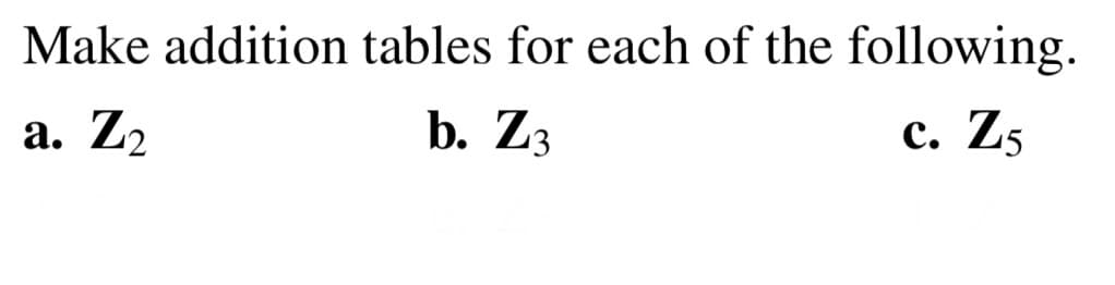 Make addition tables for each of the following.
а. Z2
b. Z3
с. Zs
