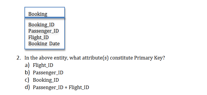 Booking
Booking ID
Passenger ID
Flight_ID
Booking Date
2. In the above entity, what attribute(s) constitute Primary Key?
a) Flight_ID
b) Passenger_ID
c) Booking ID
d) Passenger_ID + Flight_ID