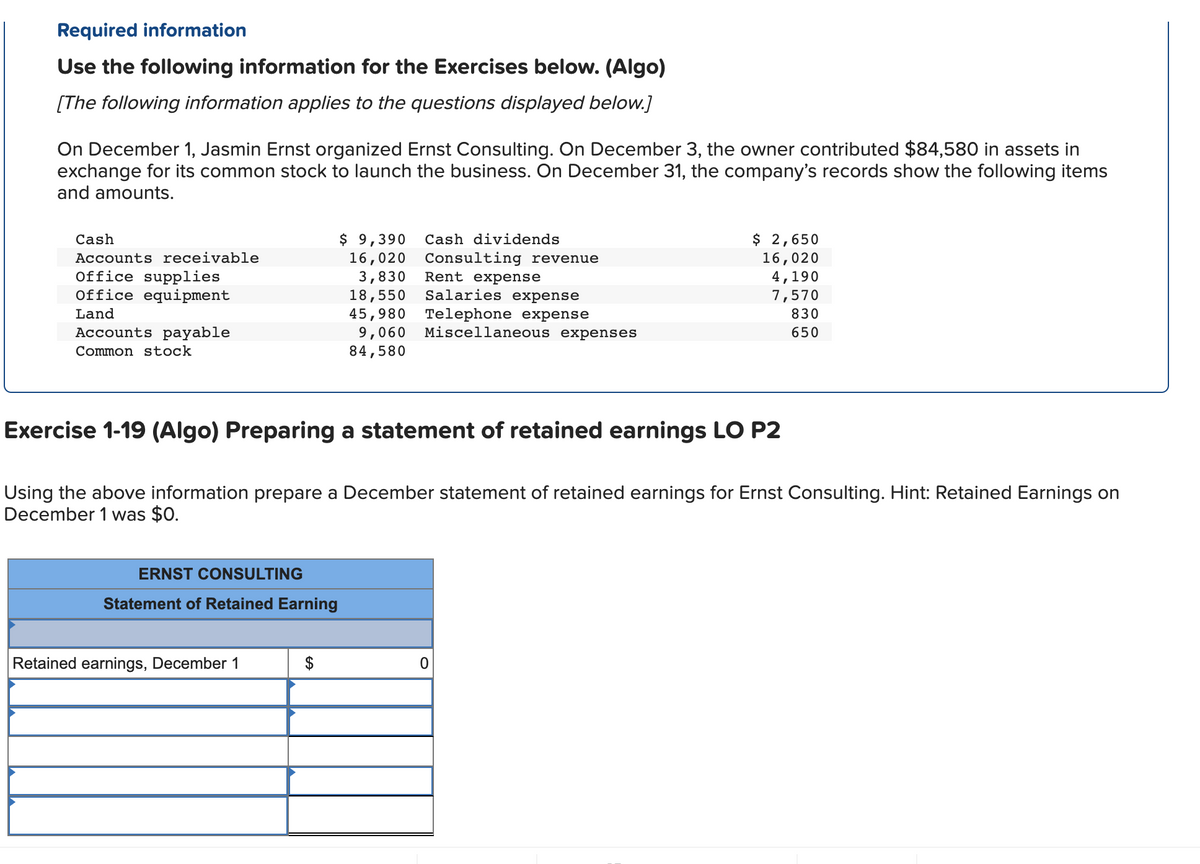 Required information
Use the following information for the Exercises below. (Algo)
[The following information applies to the questions displayed below.]
On December 1, Jasmin Ernst organized Ernst Consulting. On December 3, the owner contributed $84,580 in assets in
exchange for its common stock to launch the business. On December 31, the company's records show the following items
and amounts.
Cash
Accounts receivable
Office supplies
Office equipment
Land
Accounts payable
Common stock
ERNST CONSULTING
Statement of Retained Earning
$ 9,390
16,020
3,830
Consulting revenue
Rent expense
18,550
Salaries expense
45,980 Telephone expense
9,060 Miscellaneous expenses
84,580
Retained earnings, December 1
Cash dividends
Exercise 1-19 (Algo) Preparing a statement of retained earnings LO P2
Using the above information prepare a December statement of retained earnings for Ernst Consulting. Hint: Retained Earnings on
December 1 was $0.
$ 2,650
16,020
4,190
7,570
830
650
0