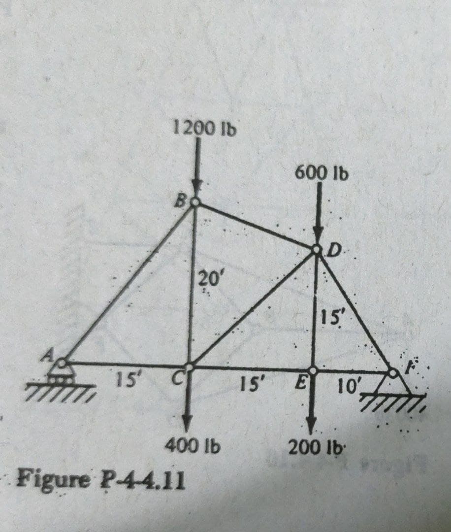 1200 lb
600 lb
B
20
15'
15
15'
10
400 lb
200 lb
Figure P-44.11
