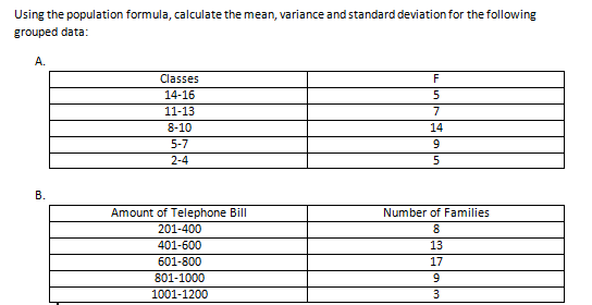 Using the population formula, calculate the mean, variance and standard deviation for the following
grouped data:
А.
Classes
F
14-16
11-13
8-10
14
5-7
2-4
В.
Amount of Telephone Bill
Number of Families
201-400
8
401-600
13
601-800
17
801-1000
6.
1001-1200
3
B.
