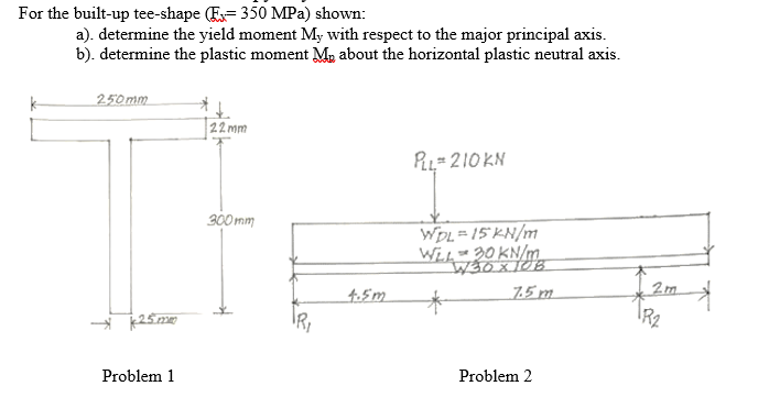 For the built-up tee-shape (Ex= 350 MPa) shown:
a). determine the yield moment My with respect to the major principal axis.
b). determine the plastic moment M, about the horizontal plastic neutral axis.
250mm
22 mm
RL= 210 KN
300 mm
WDL = 15 KN/m
Win 30 KN/m.
4.5m
7.5 m
IR,
IR2
Problem 1
Problem 2
