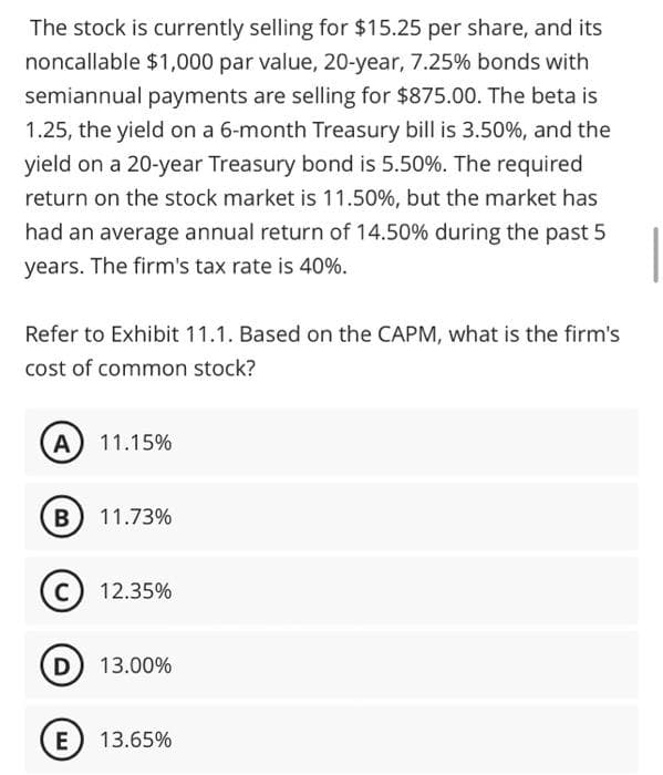 The stock is currently selling for $15.25 per share, and its
noncallable $1,000 par value, 20-year, 7.25% bonds with
semiannual payments are selling for $875.00. The beta is
1.25, the yield on a 6-month Treasury bill is 3.50%, and the
yield on a 20-year Treasury bond is 5.50%. The required
return on the stock market is 11.50%, but the market has
had an average annual return of 14.50% during the past 5
years. The firm's tax rate is 40%.
Refer to Exhibit 11.1. Based on the CAPM, what is the firm's
cost of common stock?
A 11.15%
B 11.73%
(C) 12.35%
D 13.00%
E 13.65%