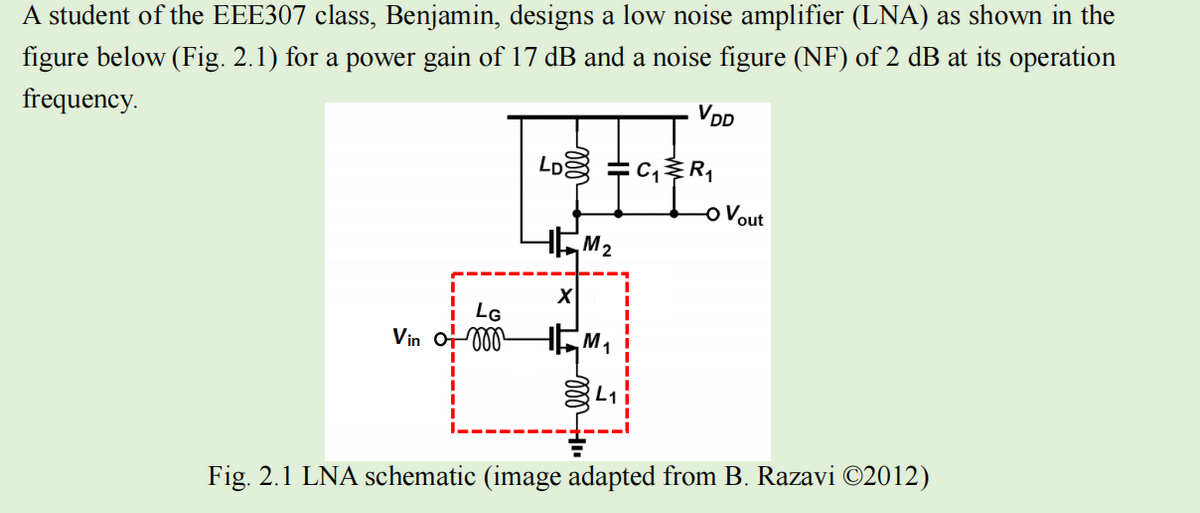 A student of the EEE307 class, Benjamin, designs a low noise amplifier (LNA) as shown in the
figure below (Fig. 2.1) for a power gain of 17 dB and a noise figure (NF) of 2 dB at its operation
frequency.
VDD
LG
Vin of m
LD C₁R₁
TM ₂
X
M₁
841
-O Vout
Fig. 2.1 LNA schematic (image adapted from B. Razavi ©2012)