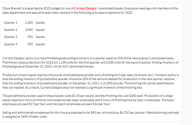 Diane Buswell is preparing the 2022 budget for one of Current Designs' rotomolded kayaks. Extensive meetings with members of the
sales department and executive team have resulted in the following unit sales projections for 2022.
Quarter 1
1,300 kayaks
Quarter 2
2,000 kayaks
Quarter 3
950 kayaks
Quarter 4
950 kayaks
Current Designs' policy is to have finished goods ending inventory in a quarter equal to 25% of the next quarter's anticipated sales.
Preliminary sales projections for 2023 are 1,100 units for the first quarter and 2,000 units for the second quarter. Ending inventory of
finished goods at December 31, 2021, will be 325 rotomolded kayaks.
Production of each kayak requires 44 pounds of polyethylene powder and a finishing kit (rope, seat, hardware, etc.). Company policy is
that the ending inventory of polyethylene powder should be 20% of the amount needed for production in the next quarter. Assume
that the ending inventory of polyethylene powder on December 31, 2021, is 21,800 pounds. The finishing kits can be assembled as
they are needed. As a result, Current Designs does not maintain a significant inventory of the finishing kits.
The polyethylene powder used in these kayaks costs $1.40 per pound, and the finishing kits cost $180 each. Production of a single
kayak requires 4 hours of time by more experienced, type I employees and 5 hours of finishing time by type ll employees. The type I
employees are paid $17 per hour, and the type II employees are paid $14 per hour.
Selling and administrative expenses for this line are expected to be $43 per unit sold plus $6,700 per quarter. Manufacturing overhead
is assigned at 160% of labor costs.