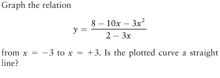 Graph the relation
8 — 10х — Зх2
y
2 — Зх
-
|
from x = -3 to x =
+3. Is the plotted curve a straight
line?
