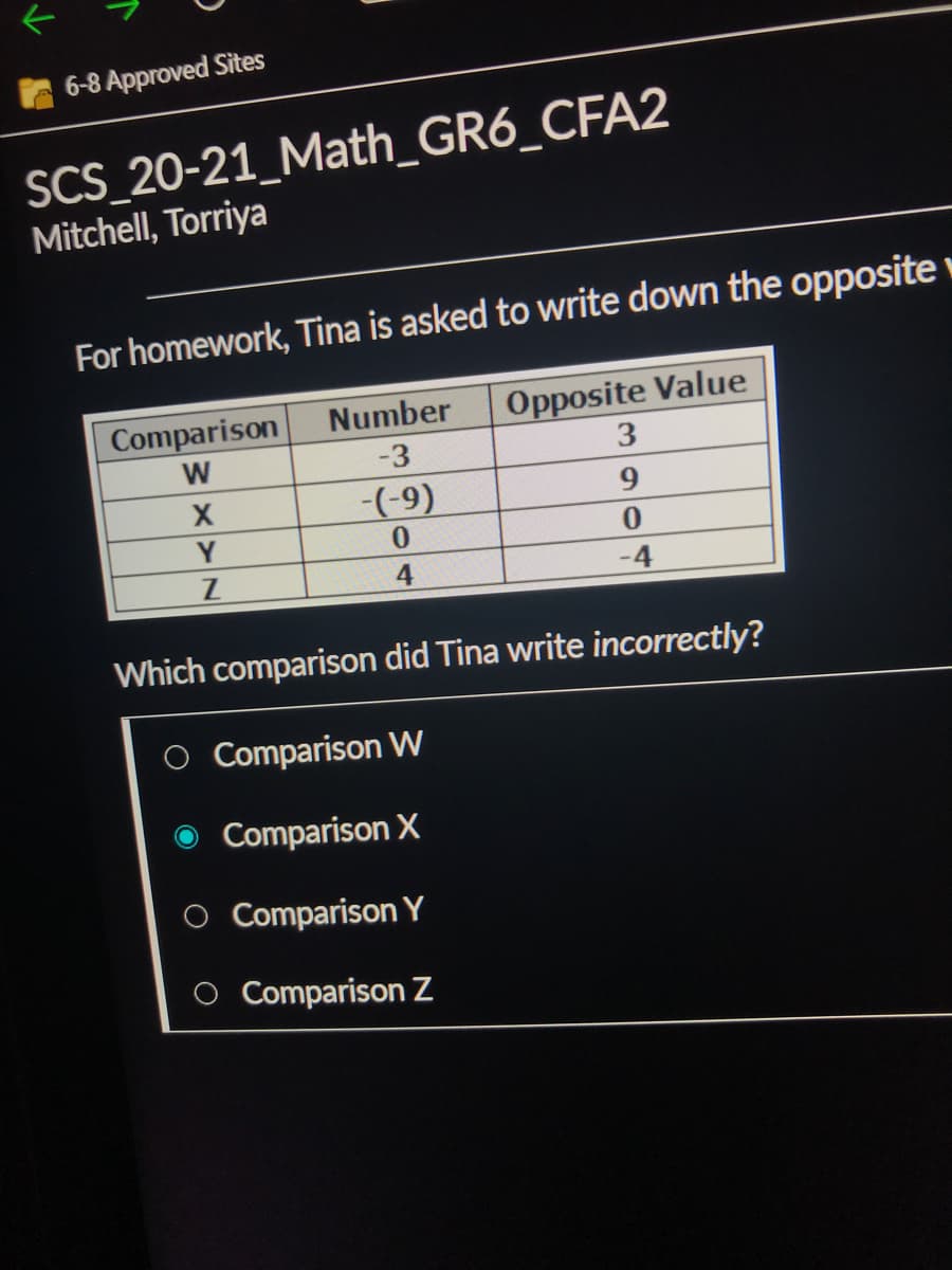 6-8 Approved Sites
SCS_20-21_Math_GR6_CFA2
Mitchell, Torriya
For homework, Tina is asked to write down the opposite
Opposite Value
3
Comparison
Number
W
-3
-((9)
9.
Y
4
-4
Which comparison did Tina write incorrectly?
Comparison W
Comparison X
Comparison Y
O Comparison Z
