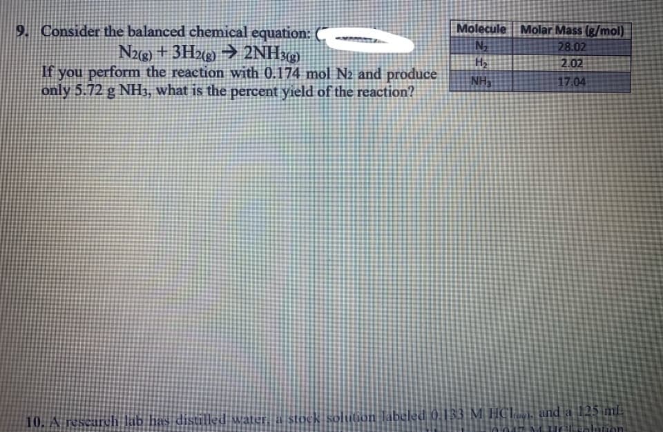 9. Consider the balanced chemical equation: (-
Molecule
Molar Mass (g/mol)
28.02
Nzg) + 3Hxg) → 2NH3g)
If you perform the reaction with 0.174 mol N2 and produce
only 5.72 g NH3, what is the percent yield of the reaction?
H2
2.02
NH,
17.04
10. A research lab has distilled water, a stock soluuon labeled 0,133 M HCh, and a 125 ml
