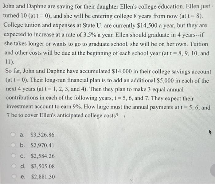 John and Daphne are saving for their daughter Ellen's college education. Ellen just
turned 10 (at t= 0), and she will be entering college 8 years from now (at t = 8).
College tuition and expenses at State U. are currently $14,500 a year, but they are
expected to increase at a rate of 3.5% a year. Ellen should graduate in 4 years--if
she takes longer or wants to go to graduate school, she will be on her own. Tuition
and other costs will be due at the beginning of each school year (at t = 8, 9, 10, and
11).
So far, John and Daphne have accumulated $14,000 in their college savings account
(at t= 0). Their long-run financial plan is to add an additional $5,000 in each of the
next 4 years (at t = 1, 2, 3, and 4). Then they plan to make 3 equal annual
contributions in each of the following years, t = 5, 6, and 7. They expect their
investment account to earn 9%. How large must the annual payments at t = 5, 6, and
7 be to cover Ellen's anticipated college costs?
a.
$3,326.86
b. $2,970.41
C. $2,584.26
d. $3,505.08
e. $2,881.30
>