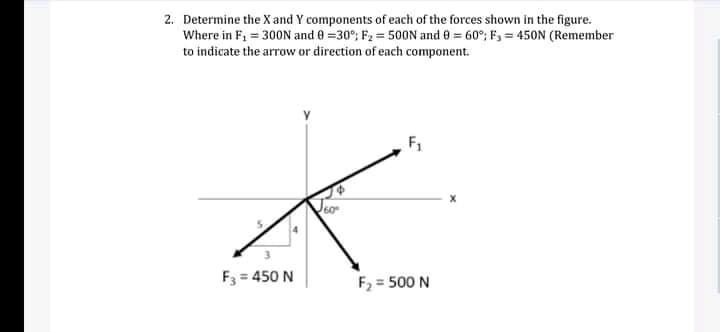 2. Determine the X and Y components of each of the forces shown in the figure.
Where in F1 = 300N and 0 =30°; F, = 500N and 0 = 60°; F, = 450N (Remember
to indicate the arrow or direction of each component.
F1
F3 = 450 N
F2 = 500 N
