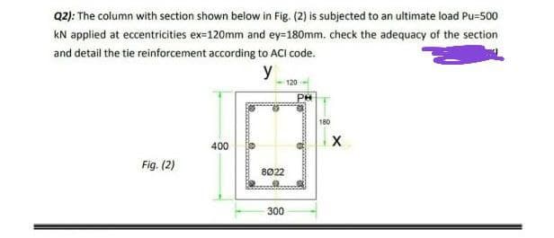 Q2): The column with section shown below in Fig. (2) is subjected to an ultimate load Pu=500
kN applied at eccentricities ex-120mm and ey=180mm. check the adequacy of the section
and detail the tie reinforcement according to ACI code.
y
120
400
Fig. (2)
8022
300
PH
180
X