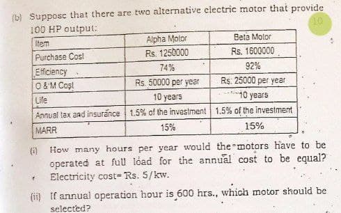 b) Supposc that there are two alternative electric motor that provide
10
100 HP output:
Alpha Motor
Beta Motor
Item
Rs. 125000
Rs. 1600000
Purchase Cosl
74%
92%
Efficiency
0 &M Coşl
Rs. 50000 per year
Rs: 25000 per year
Life
10 years
10 years
Annual tax and insurance 1.5% of the investment 1.5% of the investment
MARR
15%
15%
How many hours per year would the motors have to be
operated at ful load for the annual cost to be equal?
Electricity cost= Rs. 5/kw.
(i)
(ii) if annual operation hour is 600 hrs., which motor should be
selected?
