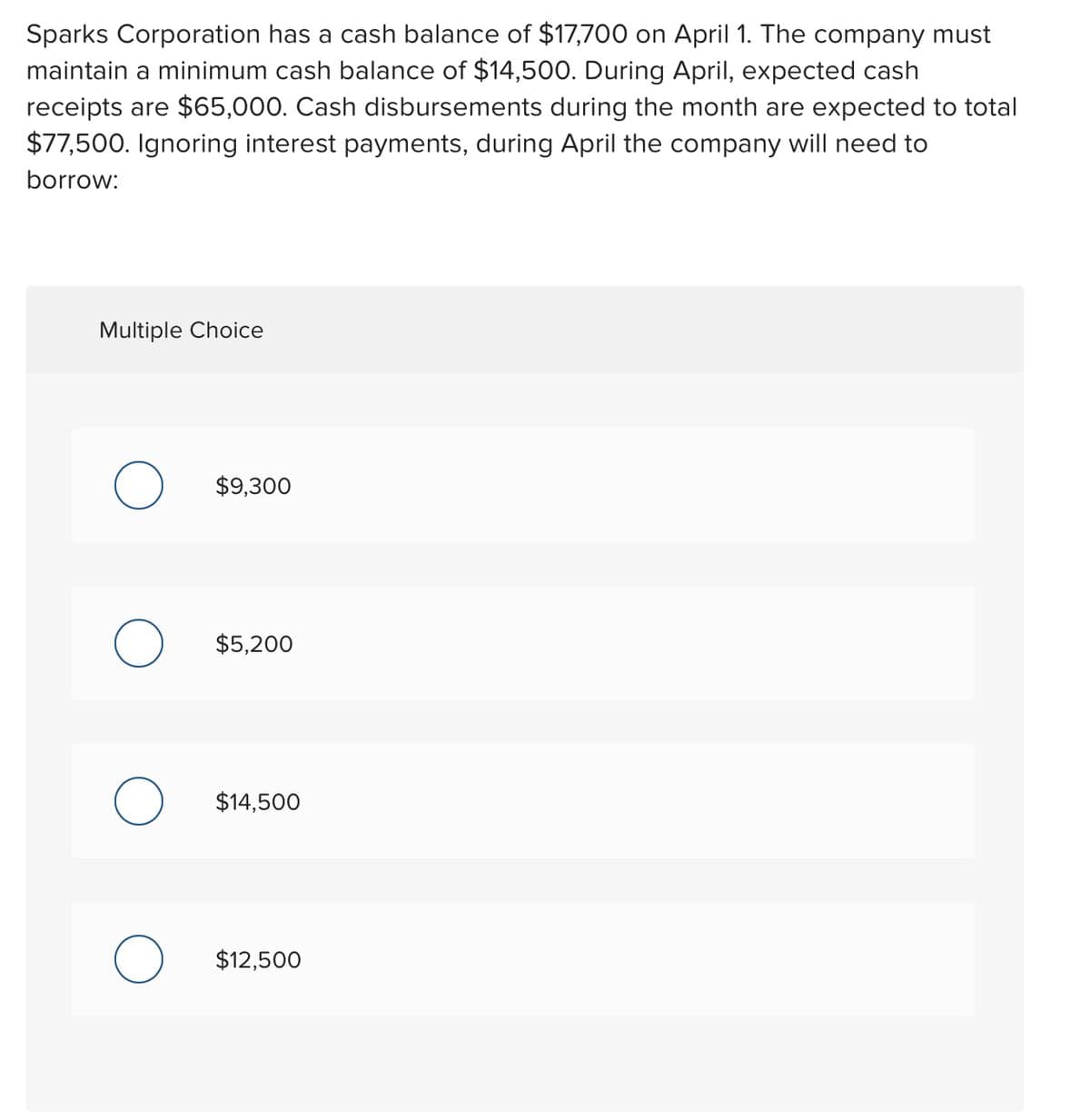 Sparks Corporation has a cash balance of $17,700 on April 1. The company must
maintain a minimum cash balance of $14,500. During April, expected cash
receipts are $65,000. Cash disbursements during the month are expected to total
$77,500. Ignoring interest payments, during April the company will need to
borrow:
Multiple Choice
O
$9,300
$5,200
$14,500
$12,500