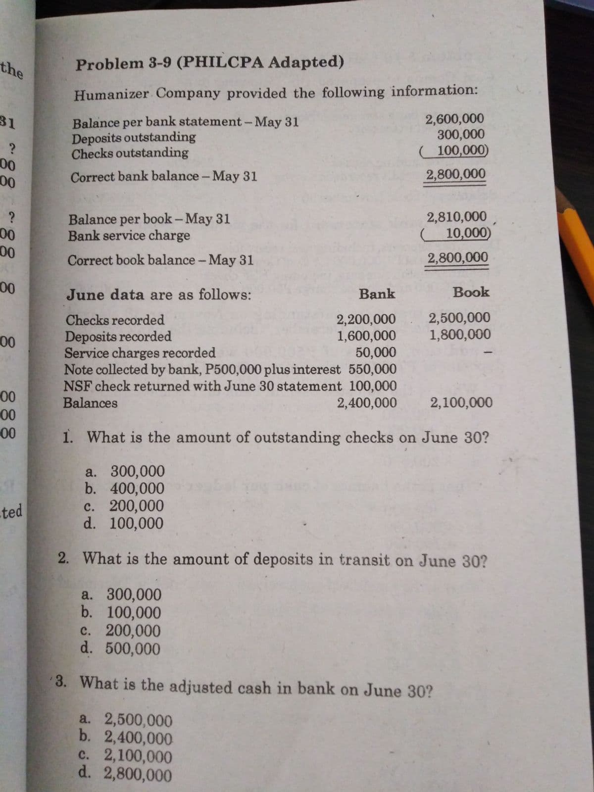 the
Problem 3-9 (PHILCPA Adapted)
Humanizer Company provided the following information:
2,600,000
300,000
( 100,000)
31
Balance per bank statement- May 31
Deposits outstanding
Checks outstanding
00
00
Correct bank balance- May 31
2,800,000
2,810,000
Balance per book-May 31
Bank service charge
10,000)
00
00
Correct book balance - May 31
2,800,000
00
June data are as follows:
Bank
Book
2,200,000. 2,500,000
1,800,000
Checks recorded
Deposits recorded
Service charges recorded
1,600,000
50,000
Note collected by bank, P500,000 plus interest 550,000
NSF check returned with June 30 statement 100,000
2,400,000
00
Balances
2,100,000
00
00
1. What is the amount of outstanding checks on June 30?
a. 300,000
b. 400,000
c. 200,000
d. 100,000
ted
2. What is the amount of deposits in transit on June 30?
a. 300,000
b. 100,000
c. 200,000
d. 500,000
с.
3. What is the adjusted cash in bank on June 30?
a. 2,500,000
b. 2,400,000
c. 2,100,000
d. 2,800,000
888
