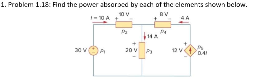 1. Problem 1.18: Find the power absorbed by each of the elements shown below.
10 V
| = 10 A +
4 A
P4
|14 A
P2
P1
20 V
12 V
P5
0.41
30 V
P3
