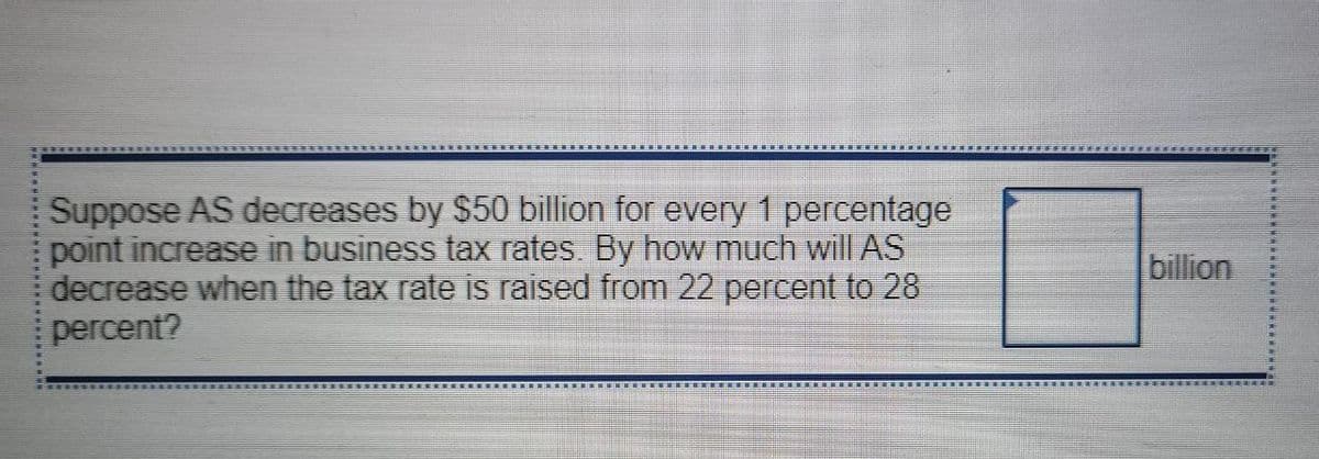 Suppose AS decreases by $50 billion for every 1 percentage
point increase in business tax rates. By how much will AS
decrease when the tax rate is raised from 22 percent to 28
percent?
billion
