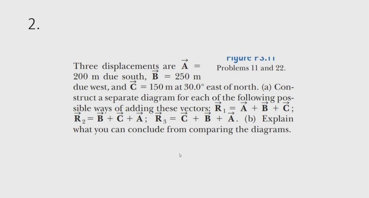 2.
rigure r3.11
Problems 11 and 22.
Three displacements are A
200 m due south, B
due west, and Ć
struct a separate diagram for each of the following pos-
sible ways of adding these vęctors; R1 = A + B + C;
R, = B + C + Á; R3 = Ć + B + Á. (b) Explain
what you can conclude from comparing the diagrams.
250 m
= 150 m at 30.0° east of north. (a) Con-
