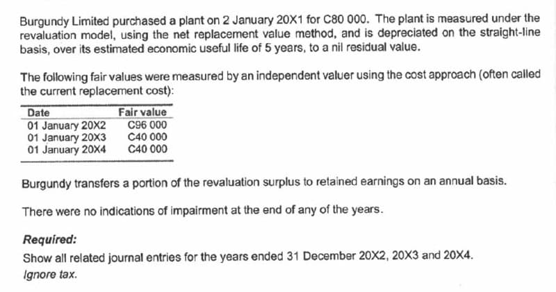 Burgundy Limited purchased a plant on 2 January 20X1 for C80 000. The plant is measured under the
revaluation model, using the net replacement value method, and is depreciated on the straight-line
basis, over its estimated economic useful life of 5 years, to a nil residual value.
The following fair values were measured by an independent valuer using the cost approach (often called
the current replacement cost):
Date
Fair value
01 January 20X2
C96 000
01 January 20X3
C40 000
01 January 20X4
C40 000
Burgundy transfers a portion of the revaluation surplus to retained earnings on an annual basis.
There were no indications of impairment at the end of any of the years.
Required:
Show all related journal entries for the years ended 31 December 20X2, 20X3 and 20X4.
Ignore tax.