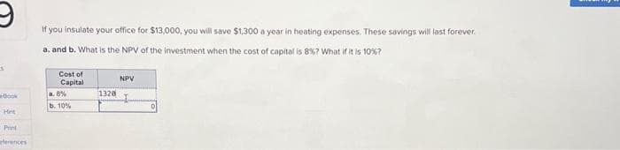 s
Book
Het
Print
ferences
If you insulate your office for $13,000, you will save $1,300 a year in heating expenses. These savings will last forever.
a. and b. What is the NPV of the investment when the cost of capital is 8%? What if it is 10%?
Cost of
Capital
a. 8%
b. 10%
1320
NPV