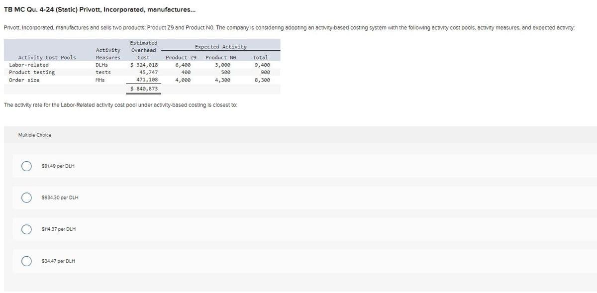 TB MC Qu. 4-24 (Static) Privott, Incorporated, manufactures...
Privott, Incorporated, manufactures and sells two products: Product 29 and Product NO. The company is considering adopting an activity-based costing system with the following activity cost pools, activity measures, and expected activity.
Activity Cost Pools
Labor-related
Product testing
Order size
Multiple Choice
$91.49 per DLH
$934.30 per DLH
$114.37 per DLH
Activity
Measures
DLHs
tests
MHs
The activity rate for the Labor-Related activity cost pool under activity-based costing is closest to:
$34.47 per DLH
Estimated
Overhead
Cost
$ 324,018
45,747
471,108
$ 840,873
Expected Activity
Product Z9 Product No
6,400
3,000
500
400
4,000
4,300
Total
9,400
900
8,300