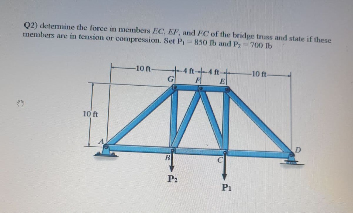 Q2) determine the force in members EC, EF, and FC of the bridge truss and state if these
members are in tension or compression. Set P1
850 Ib and P2=700 Ib
-10 ft-
t-4 ft--4 ft-
G
10 ft
10 ft
P2
Pi
