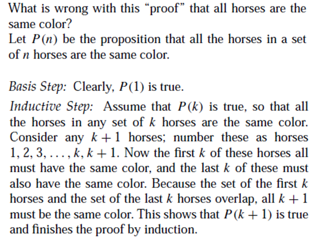 What is wrong with this “proof" that all horses are the
same color?
Let P(n) be the proposition that all the horses in a set
of n horses are the same color.
Basis Step: Clearly, P(1) is true.
Inductive Step: Assume that P (k) is true, so that all
the horses in any set of k horses are the same color.
Consider any k +1 horses; number these as horses
1, 2, 3, .., k, k +1. Now the first k of these horses all
must have the same color, and the last k of these must
also have the same color. Because the set of the first k
horses and the set of the last k horses overlap, all k + 1
must be the same color. This shows that P (k + 1) is true
and finishes the proof by induction.
