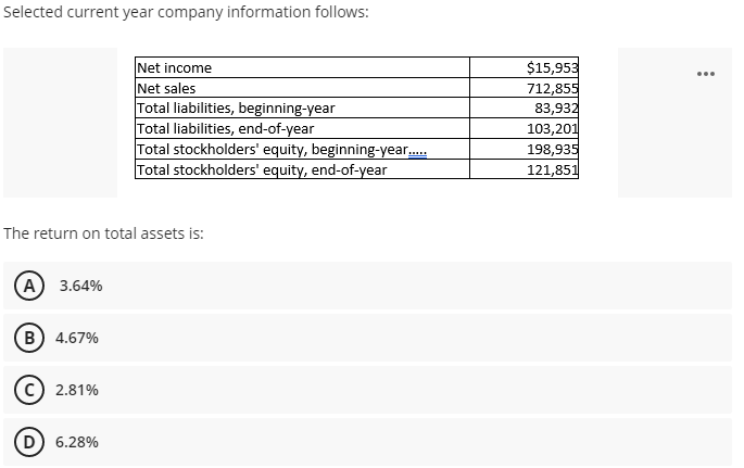 Selected current year company information follows:
Net income
Net sales
Total liabilities, beginning-year
Total liabilities, end-of-year
Total stockholders' equity, beginning-year.
Total stockholders' equity, end-of-year
$15,953
712,855
83,932
103,201
198,935
121,851
...
The return on total assets is:
A) 3.64%
B) 4.67%
c) 2.81%
D 6.28%
