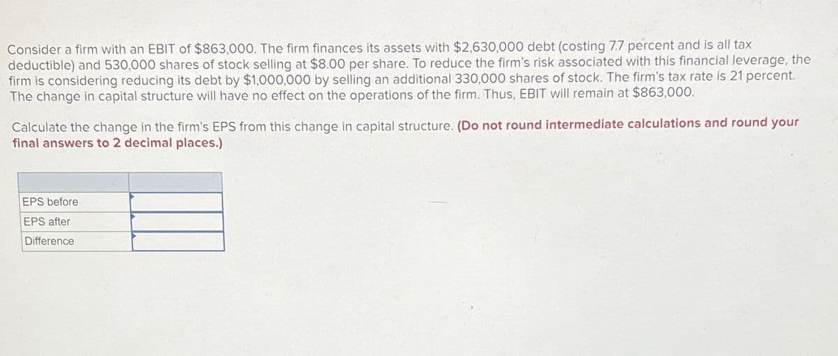 Consider a firm with an EBIT of $863,000. The firm finances its assets with $2,630,000 debt (costing 7.7 percent and is all tax
deductible) and 530,000 shares of stock selling at $8.00 per share. To reduce the firm's risk associated with this financial leverage, the
firm is considering reducing its debt by $1,000,000 by selling an additional 330,000 shares of stock. The firm's tax rate is 21 percent.
The change in capital structure will have no effect on the operations of the firm. Thus, EBIT will remain at $863,000.
Calculate the change in the firm's EPS from this change in capital structure. (Do not round intermediate calculations and round your
final answers to 2 decimal places.)
EPS before
EPS after
Difference