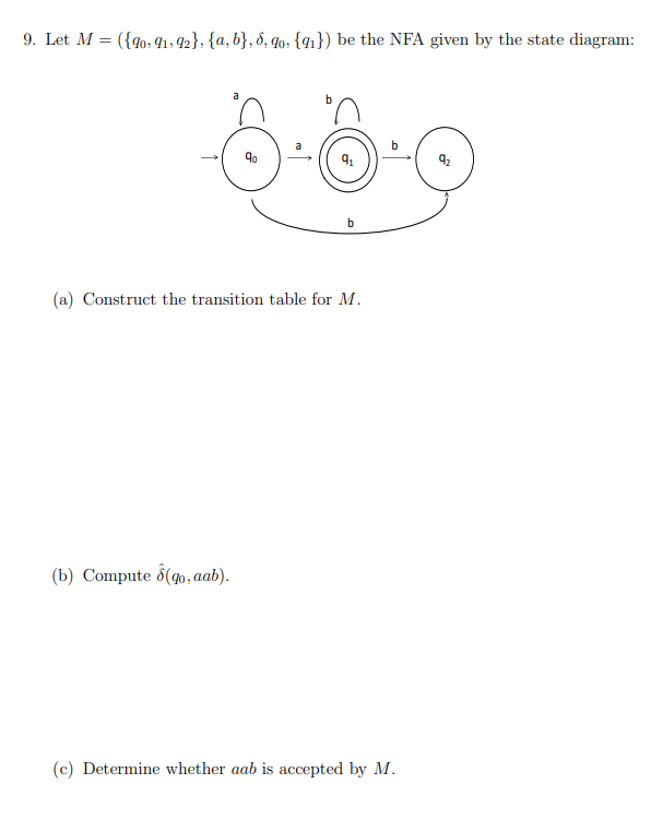 9. Let M = ({40: 41: 42}; {a, b}, d, qo: {41}) be the NFA given by the state diagram:
(a) Construct the transition table for M.
(b) Compute 8(qo , aab).
(c) Determine whether aab is accepted by M.
